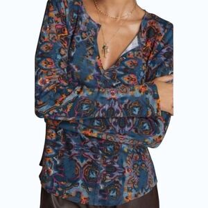 PILCRO Anthropologie XS Thermal Waffle Knit Split Neck Pullover Shirt Top Blue